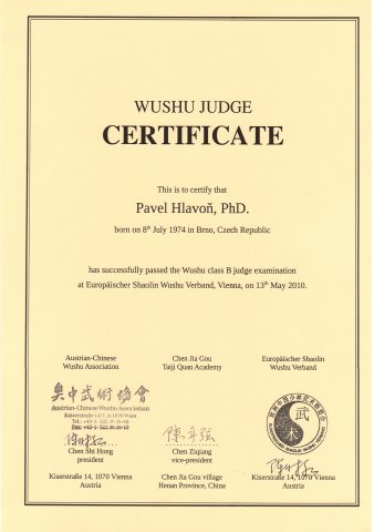 Pavel Hlavoň – Wushu referee – certificate
